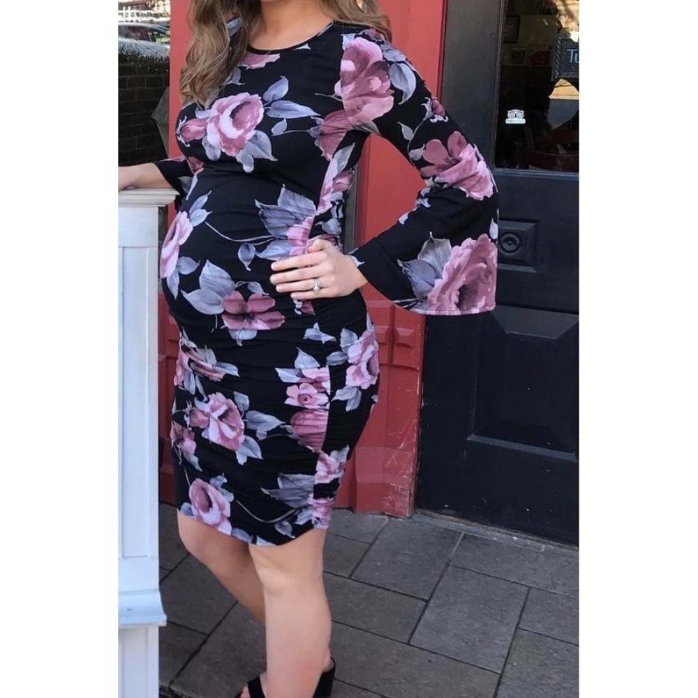 EUC Womens My Bump maternity stretch ruched floral dress USA made bell sleeve M
